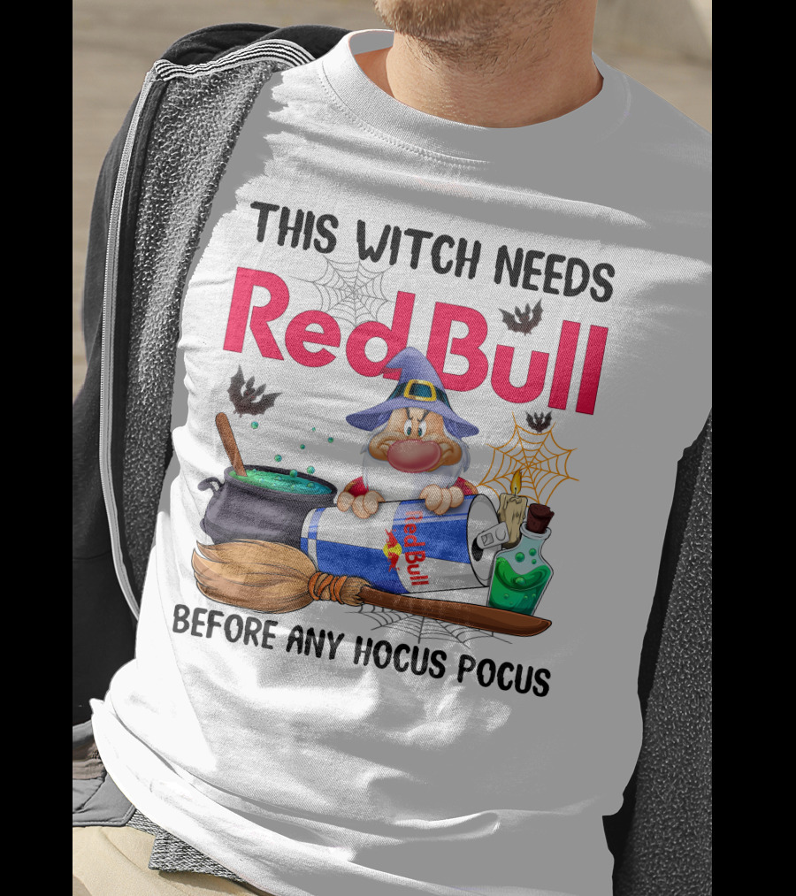 This Witch Needs Red Bull Before Any Hocus Pocus Grumpy Wizard And Bats Scene T-Shirt