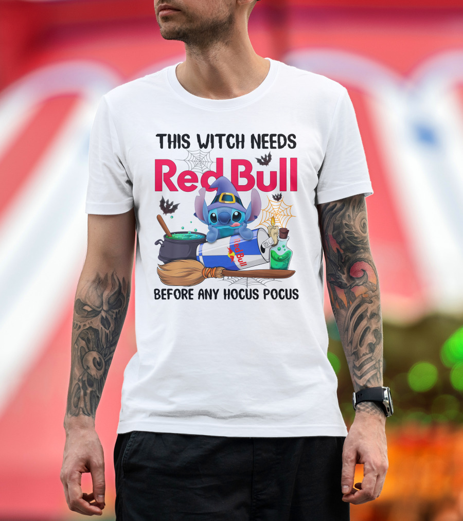 This Witch Needs Red Bull Before Any Hocus Pocus Stitch Wearing Witch Hat With Red Bull Can Cauldron And Spell Book T-Shirt