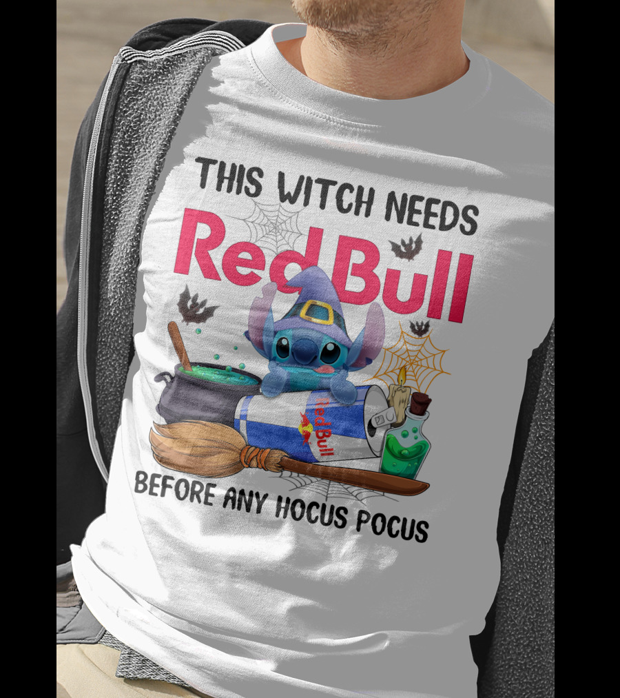 This Witch Needs Red Bull Before Any Hocus Pocus Stitch Wearing Witch Hat With Red Bull Can Cauldron And Spell Book T-Shirt