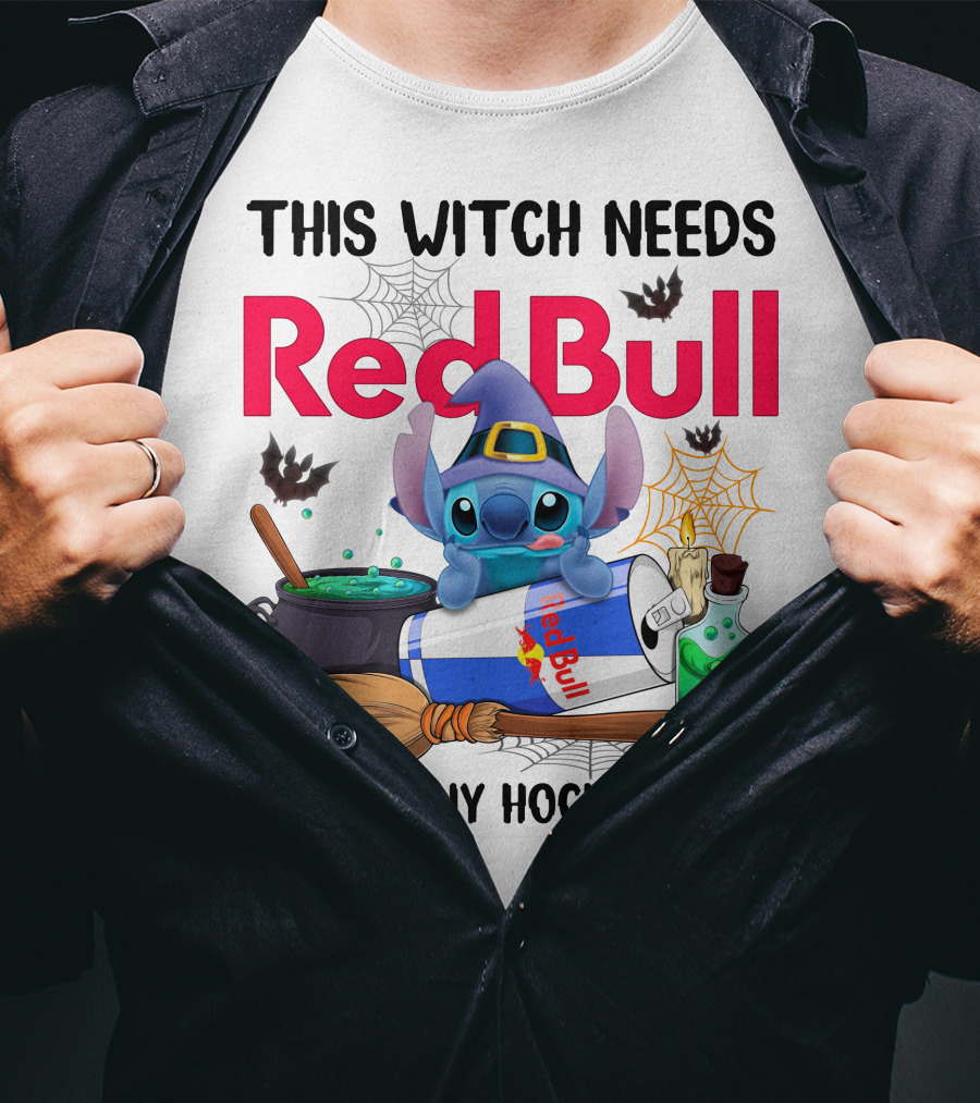 This Witch Needs Red Bull Before Any Hocus Pocus Stitch Wearing Witch Hat With Red Bull Can Cauldron And Spell Book T-Shirt