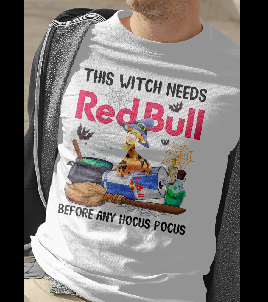 This Witch Needs Red Bull Before Any Hocus Pocus Tigger With Witch Hat And Red Bull Can T-Shirt