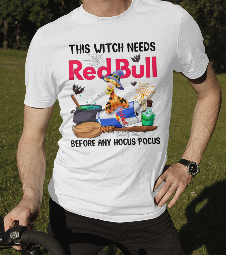 This Witch Needs Red Bull Before Any Hocus Pocus Tigger With Witch Hat And Red Bull Can T-Shirt