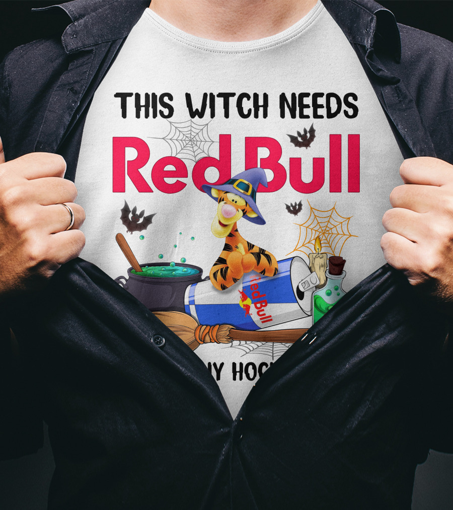 This Witch Needs Red Bull Before Any Hocus Pocus Tigger With Witch Hat And Red Bull Can T-Shirt
