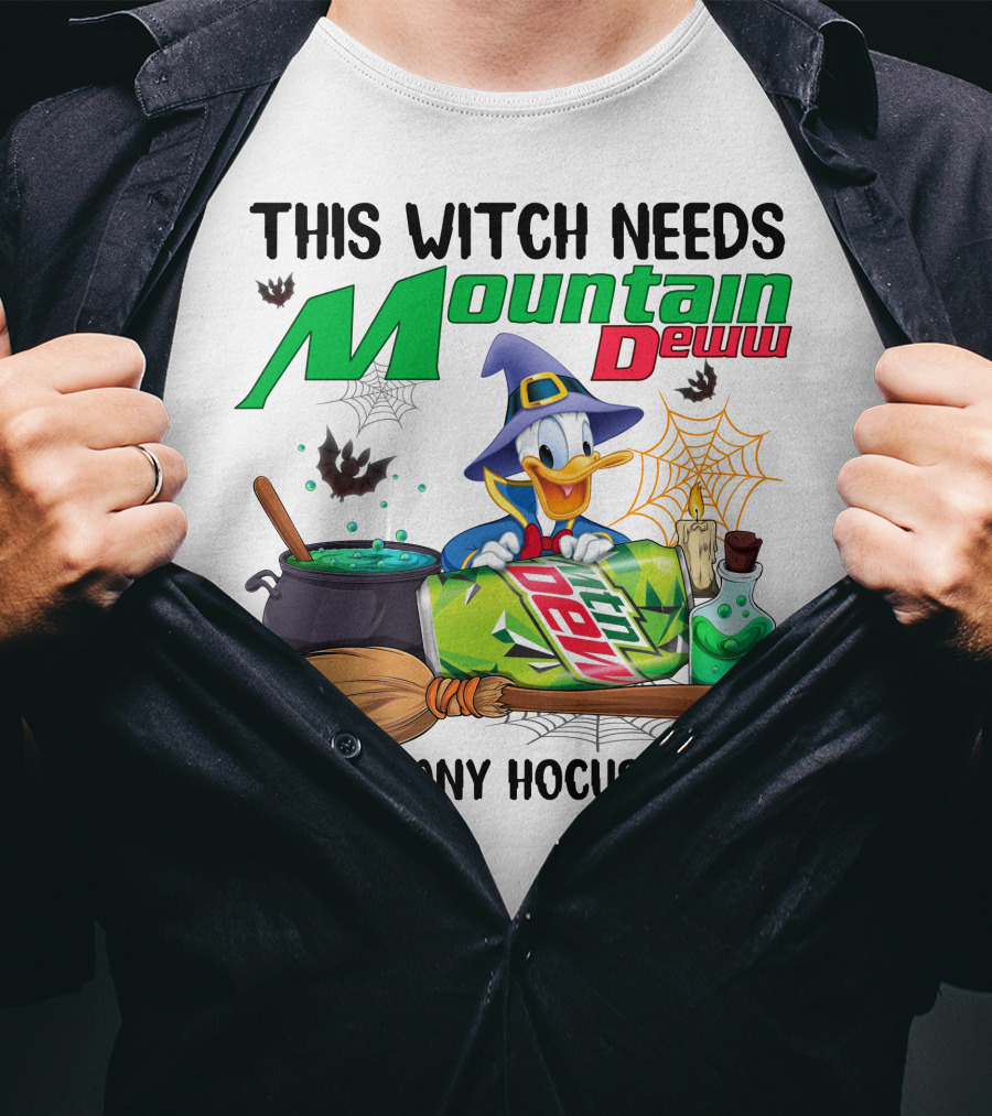 This Witch Needs Mountain Dew Before Any Hocus Pocus Donald Duck Witch Hat Cauldron Broom Potion T-Shirt