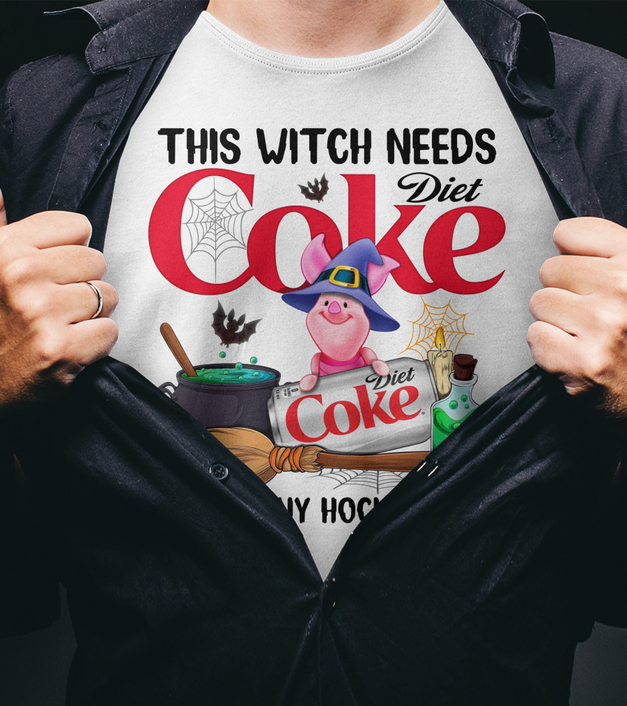 This Witch Needs Diet Coke Before Any Hocus Pocus Piglet Witch Hat Brew Broom_Spiderweb T-Shirt