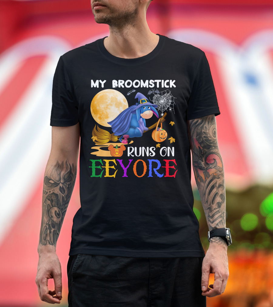 My Broomstick Runs On Eeyore Halloween Moon Bat Pumpkin T-Shirt