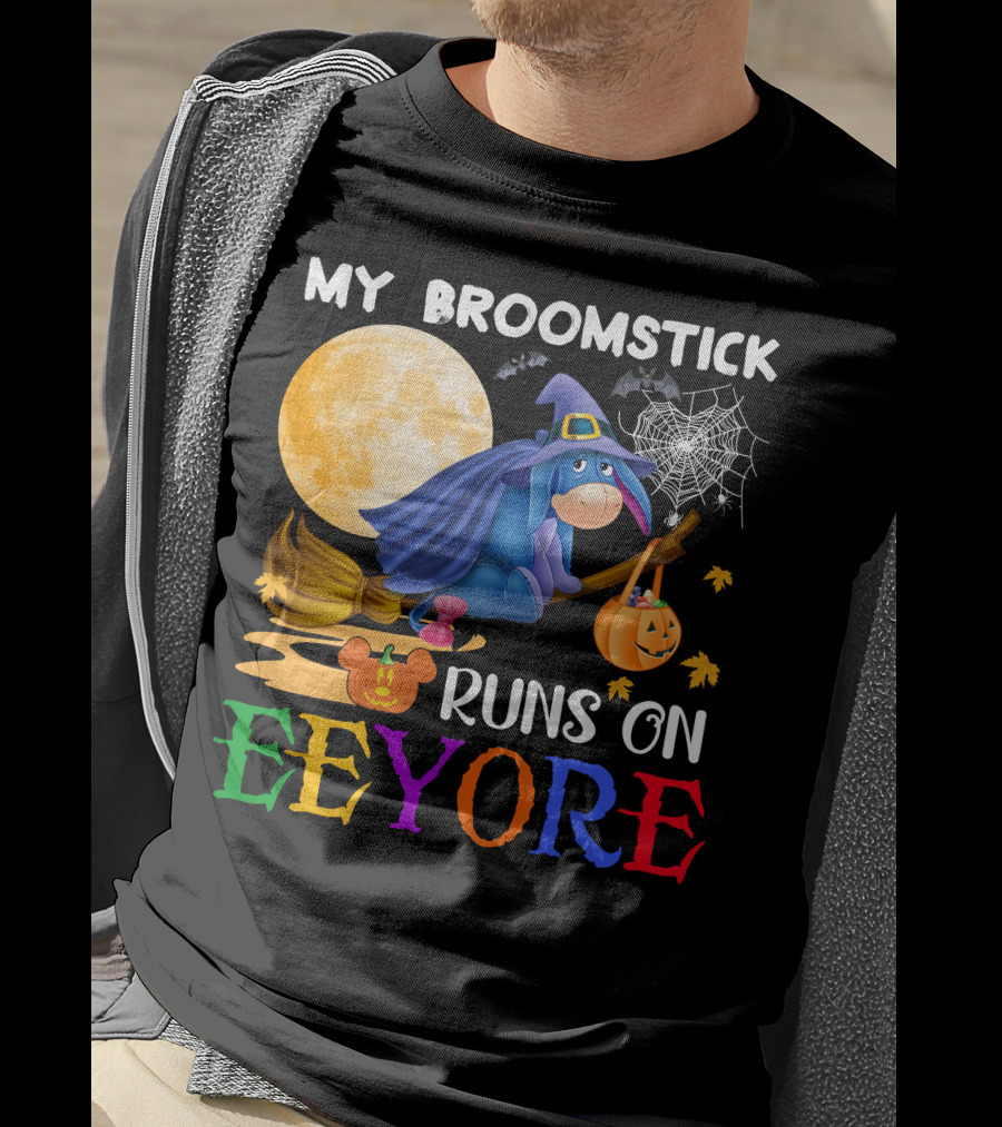 My Broomstick Runs On Eeyore Halloween Moon Bat Pumpkin T-Shirt