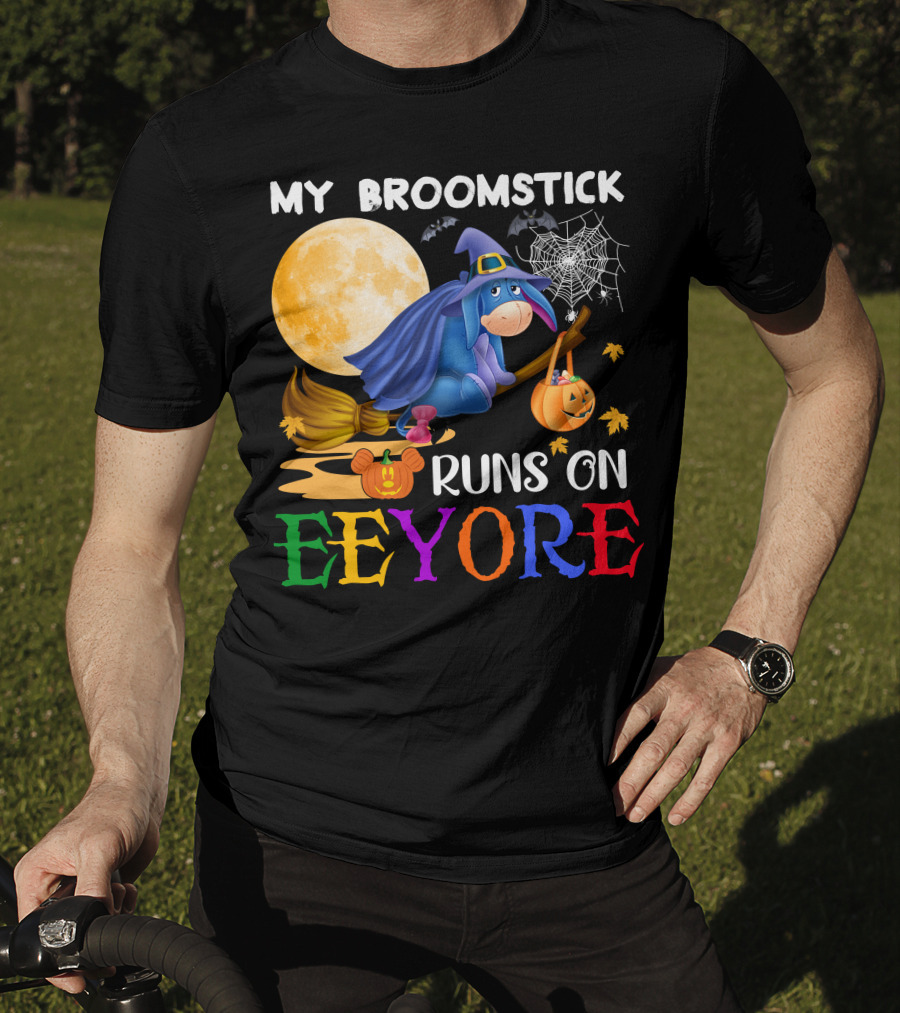 My Broomstick Runs On Eeyore Halloween Moon Bat Pumpkin T-Shirt