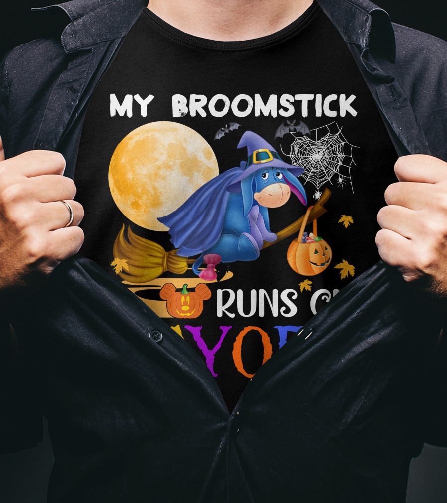 My Broomstick Runs On Eeyore Halloween Moon Bat Pumpkin T-Shirt