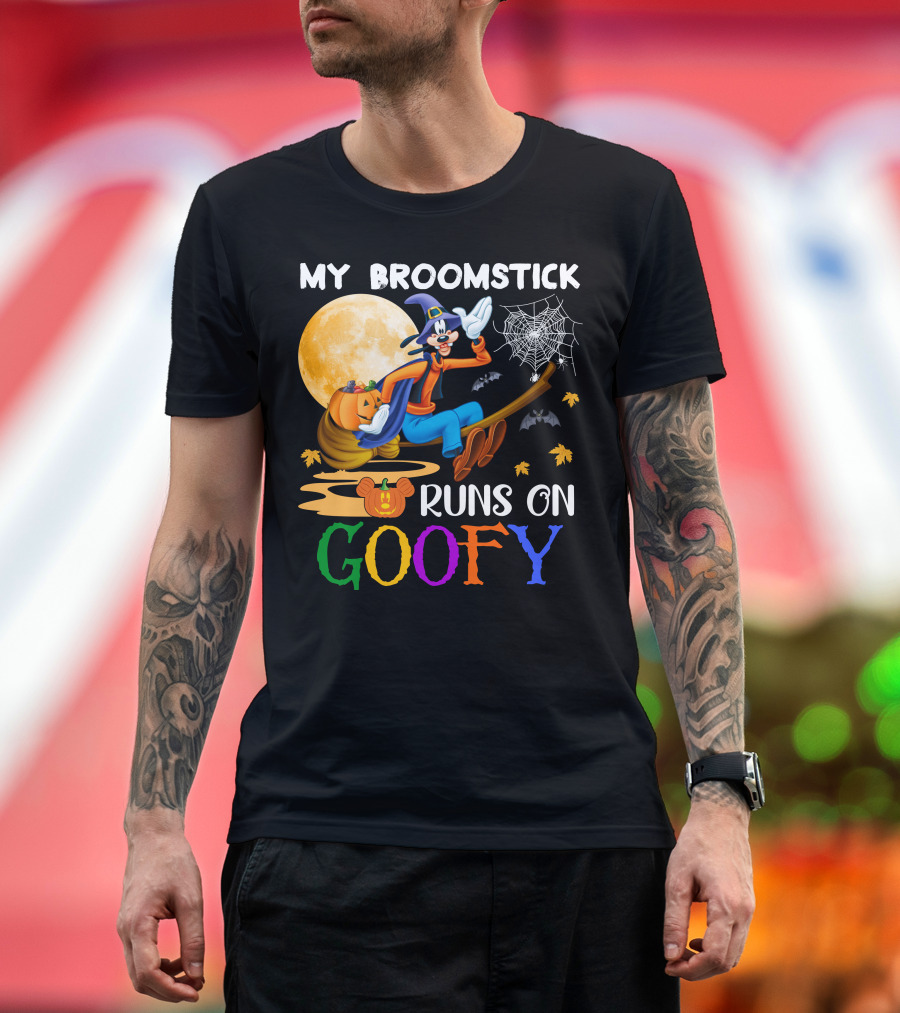 My Broomstick Runs On Goofy Halloween Moon Pumpkin Spiderweb T-Shirt