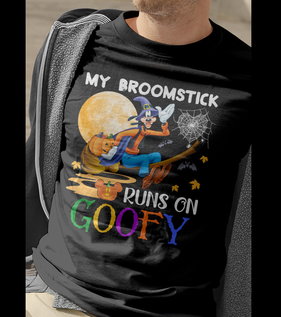 My Broomstick Runs On Goofy Halloween Moon Pumpkin Spiderweb T-Shirt