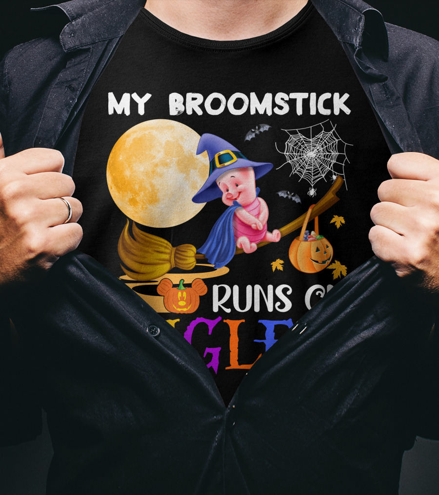 My Broomstick Runs On Piglet Halloween Wizard Moon Pumpkin T-Shirt