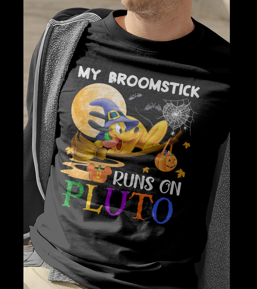 My Broomstick Runs On Pluto Halloween Moon Bats Spider Web Pumpkin T-Shirt