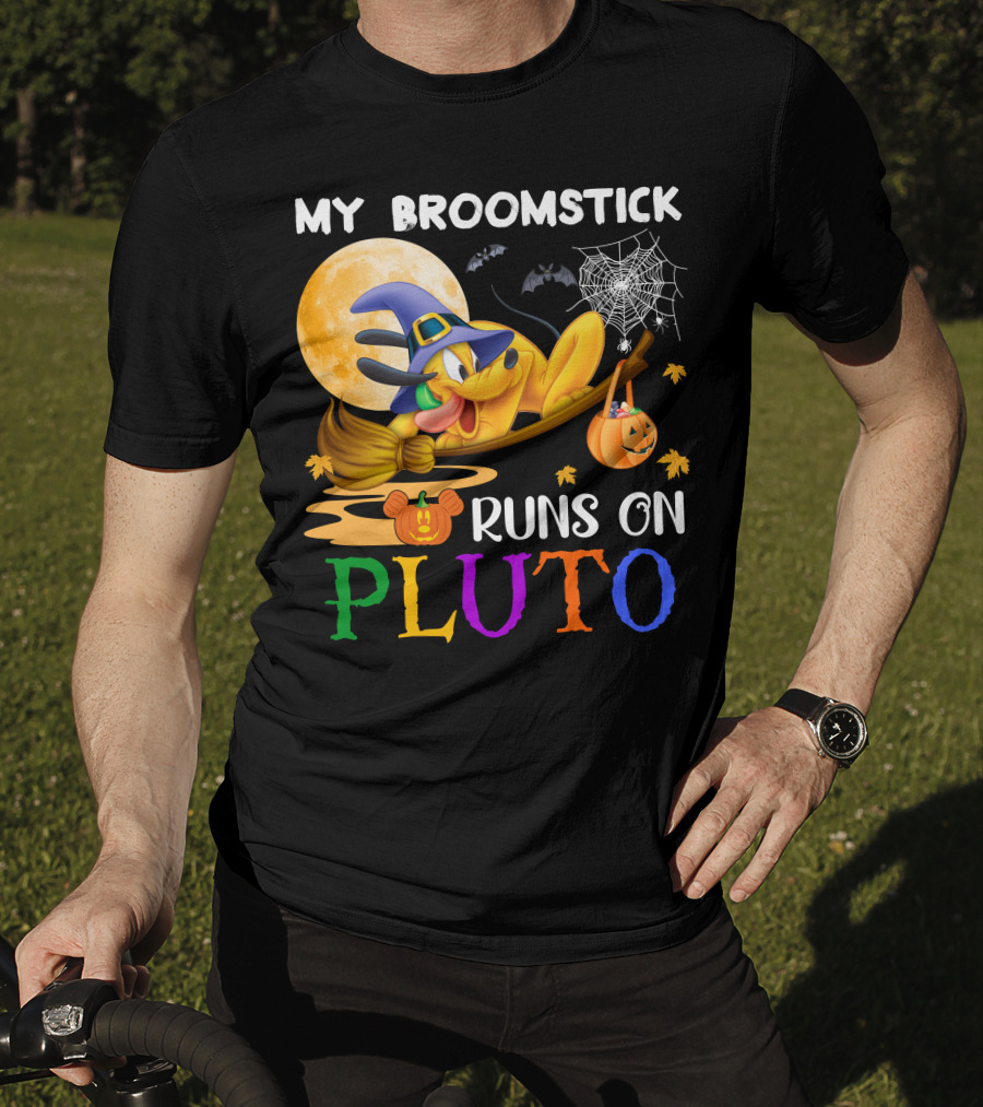 My Broomstick Runs On Pluto Halloween Moon Bats Spider Web Pumpkin T-Shirt