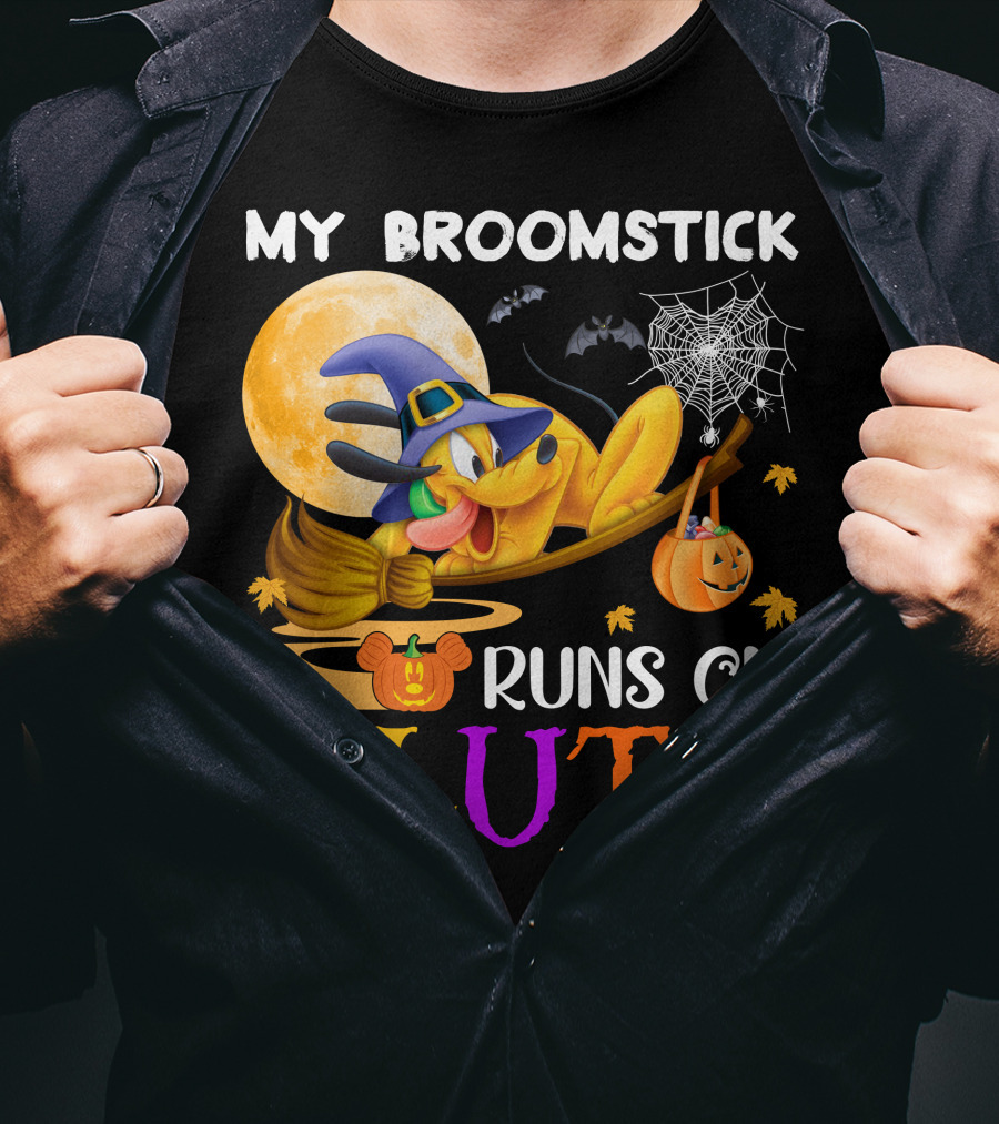My Broomstick Runs On Pluto Halloween Moon Bats Spider Web Pumpkin T-Shirt
