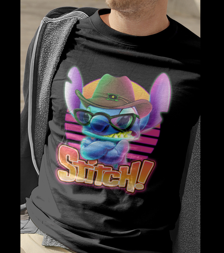 Stitch Neon Cowboy Style With Sunglasses And Retro Sunset T-Shirt