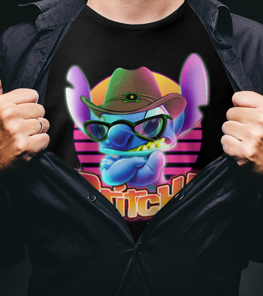 Stitch Neon Cowboy Style With Sunglasses And Retro Sunset T-Shirt
