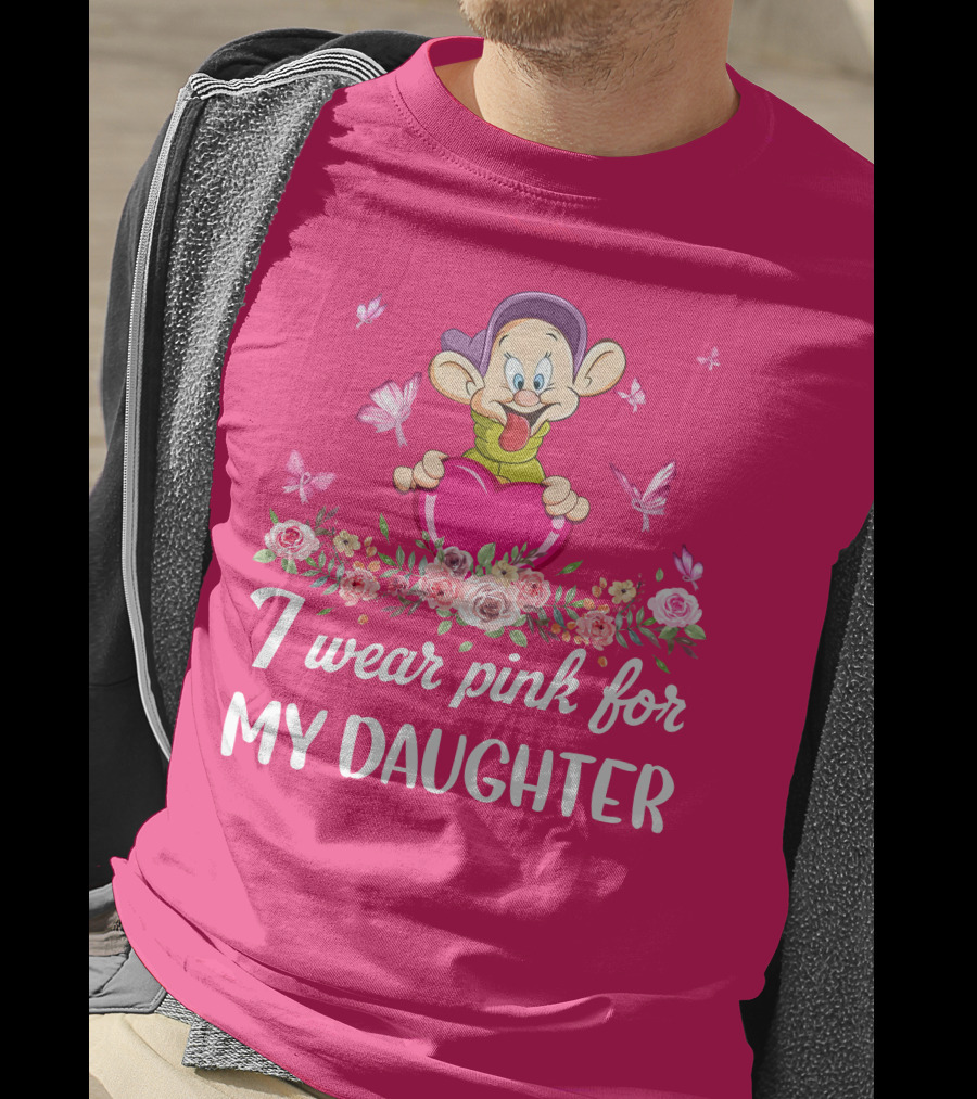 I Wear Pink For My Daughter Dopey Holding Heart With Butterflies And Flowers T-Shirt