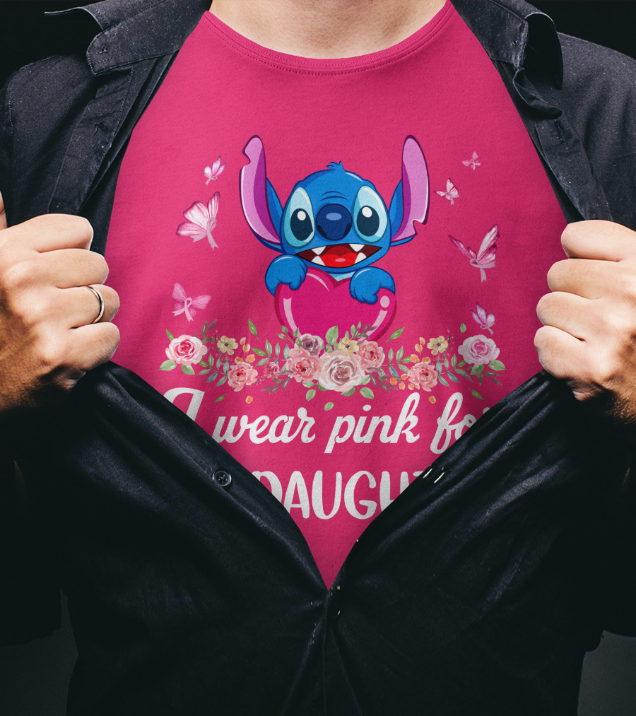 I Wear Pink For My Daughter Stitch Butterfly Roses T-Shirt