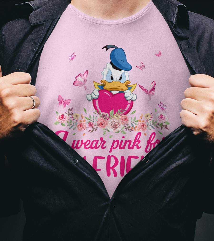I Wear Pink For My Friend Donald Duck Tulips Butterflies T-Shirt