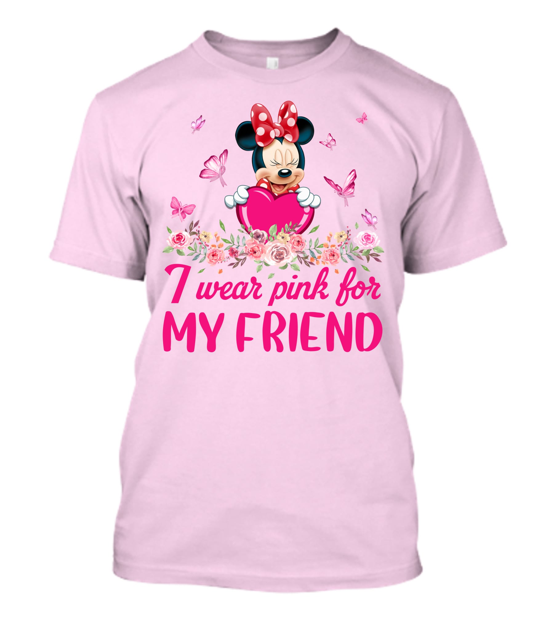 Minnie I Wear Pink For My Friend Floral Heart Butterflies T-Shirt