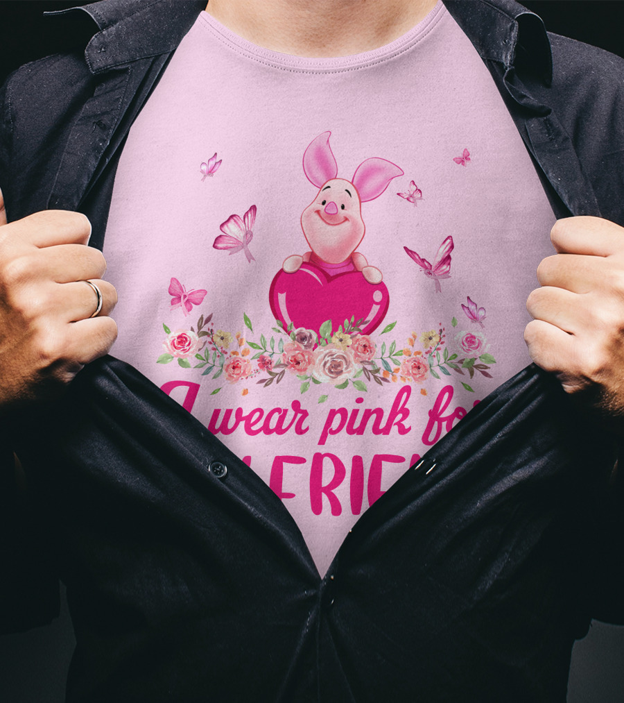 I Wear Pink For My Friend Piglet Floral Butterflies T-Shirt