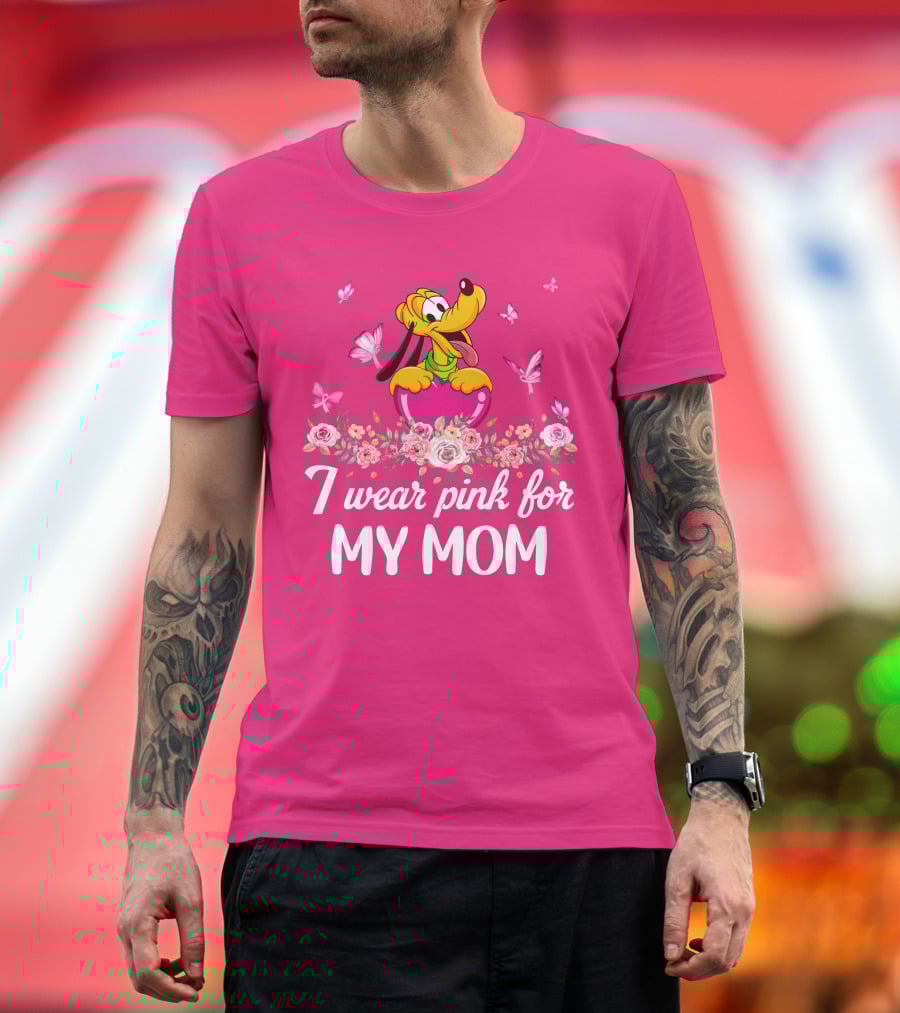 I Wear Pink For My Mom Pluto Butterflies Roses T-Shirt