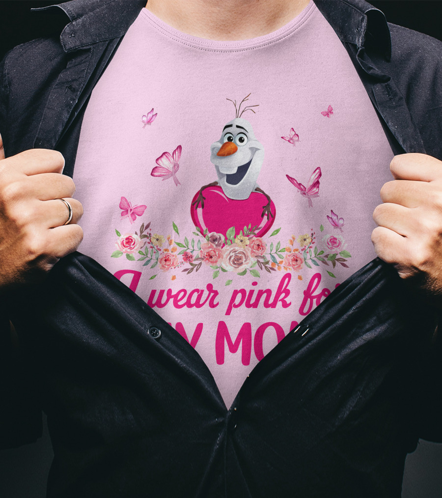 Olaf I Wear Pink For My Mom Butterfly Floral T-Shirt