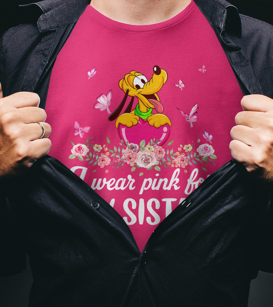 I Wear Pink For My Sister Pluto Butterflies And Flowers T-Shirt