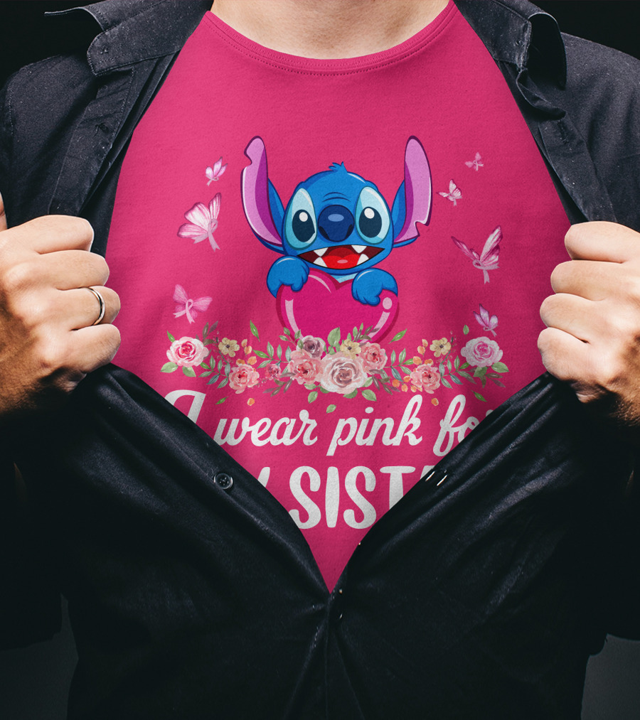 I Wear Pink For My Sister Stitch Butterfly Floral T-Shirt