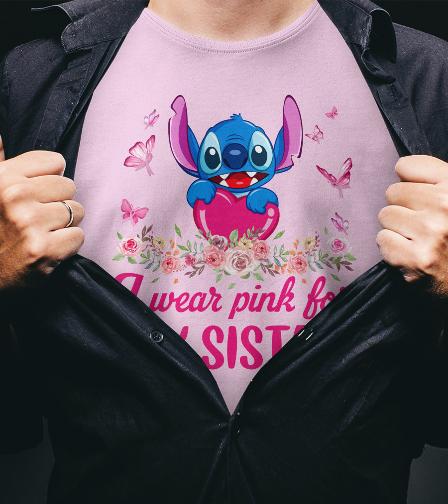 I Wear Pink For My Sister Stitch Butterfly Flower Theme T-Shirt