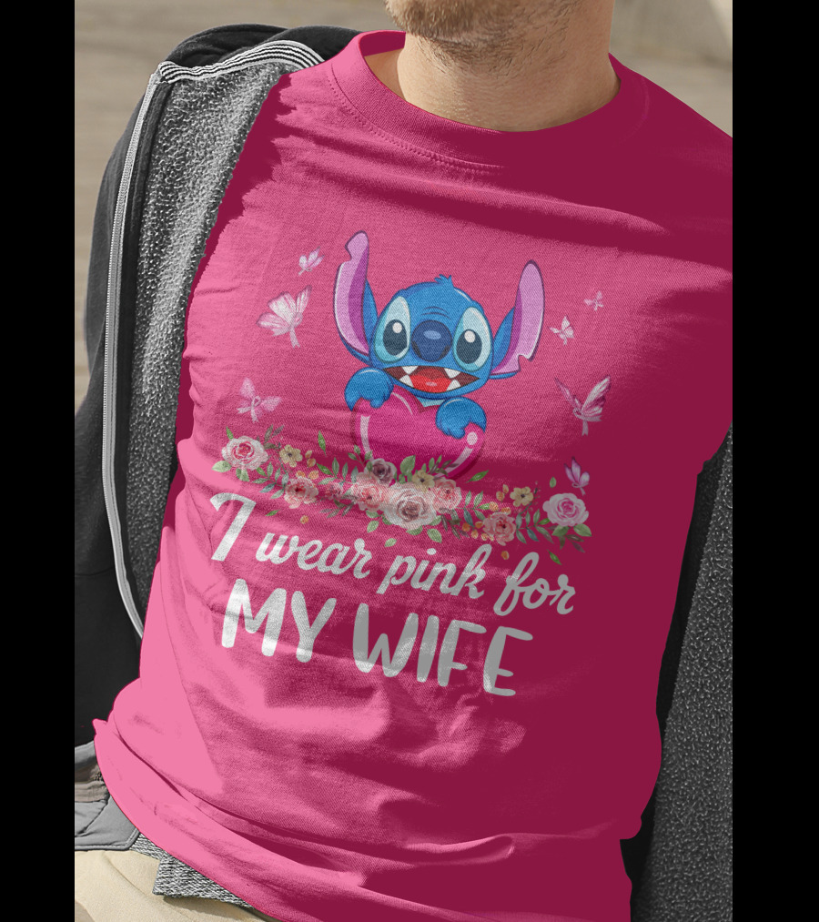 Stitch I Wear Pink For My Wife Butterfly And Floral T-Shirt