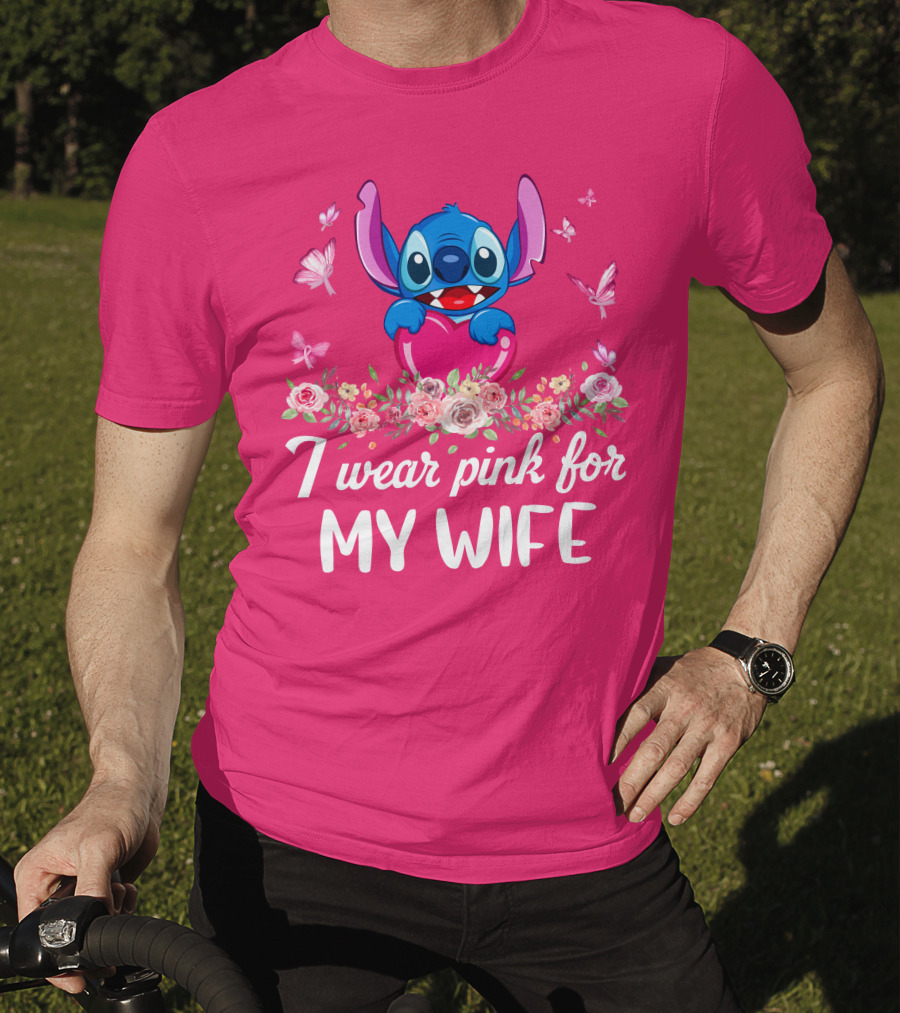 Stitch I Wear Pink For My Wife Butterfly And Floral T-Shirt