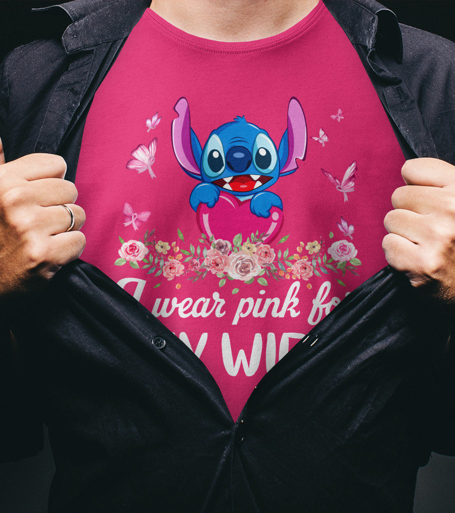 Stitch I Wear Pink For My Wife Butterfly And Floral T-Shirt