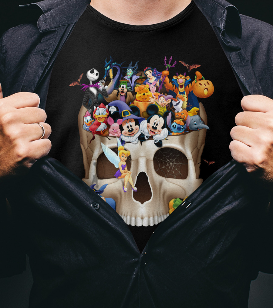 Disney Halloween Skull Characters Mickey Maleficent Jack Skellington Tinker Bell Stitch Donald Goofy T-Shirt