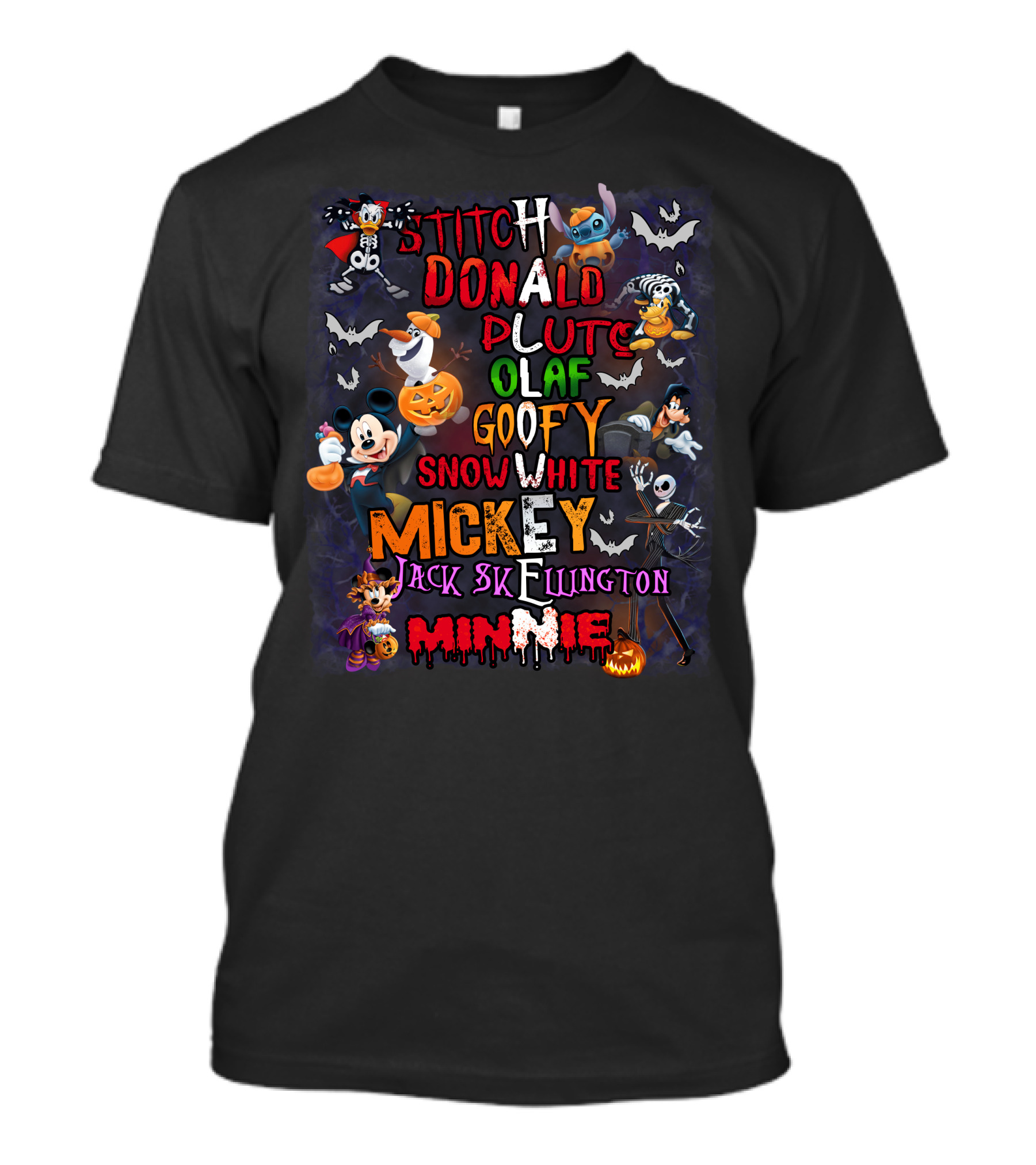 Stitch Donald Pluto Olaf Goofy Snow White Mickey Jack Skellington Minnie Halloween Disney Characters T-Shirt
