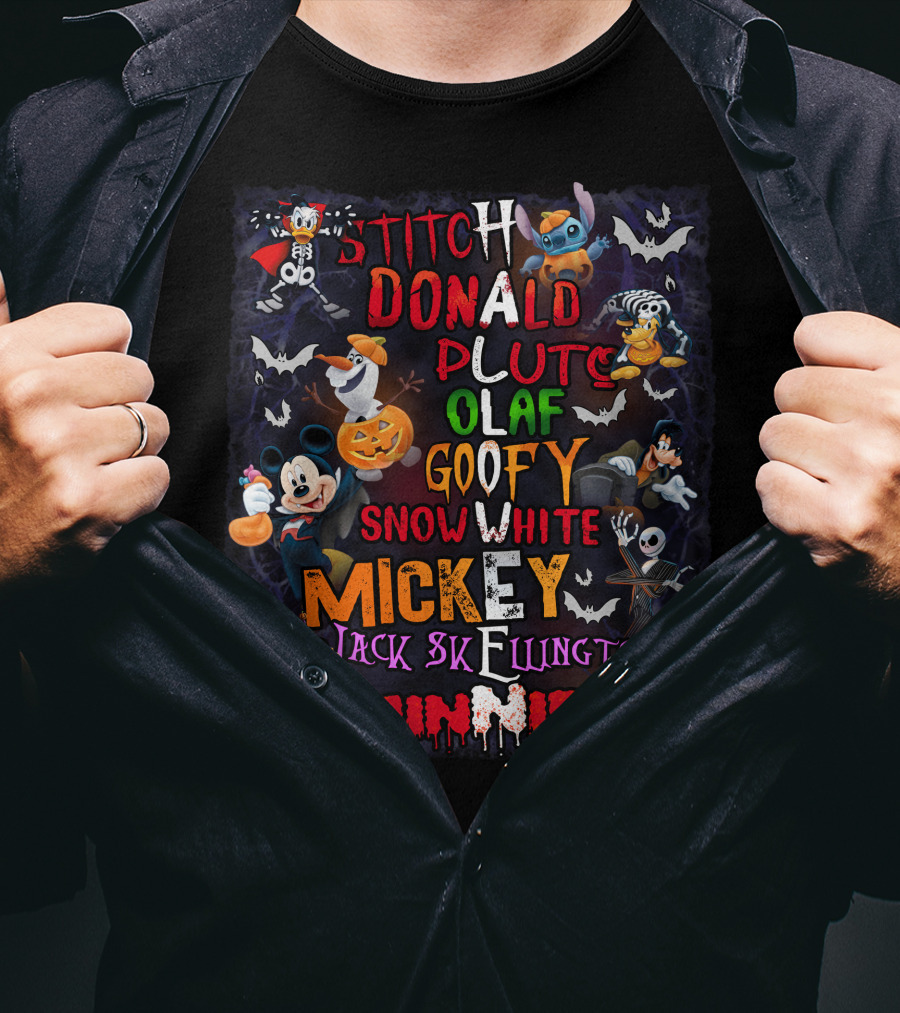 Stitch Donald Pluto Olaf Goofy Snow White Mickey Jack Skellington Minnie Halloween Disney Characters T-Shirt