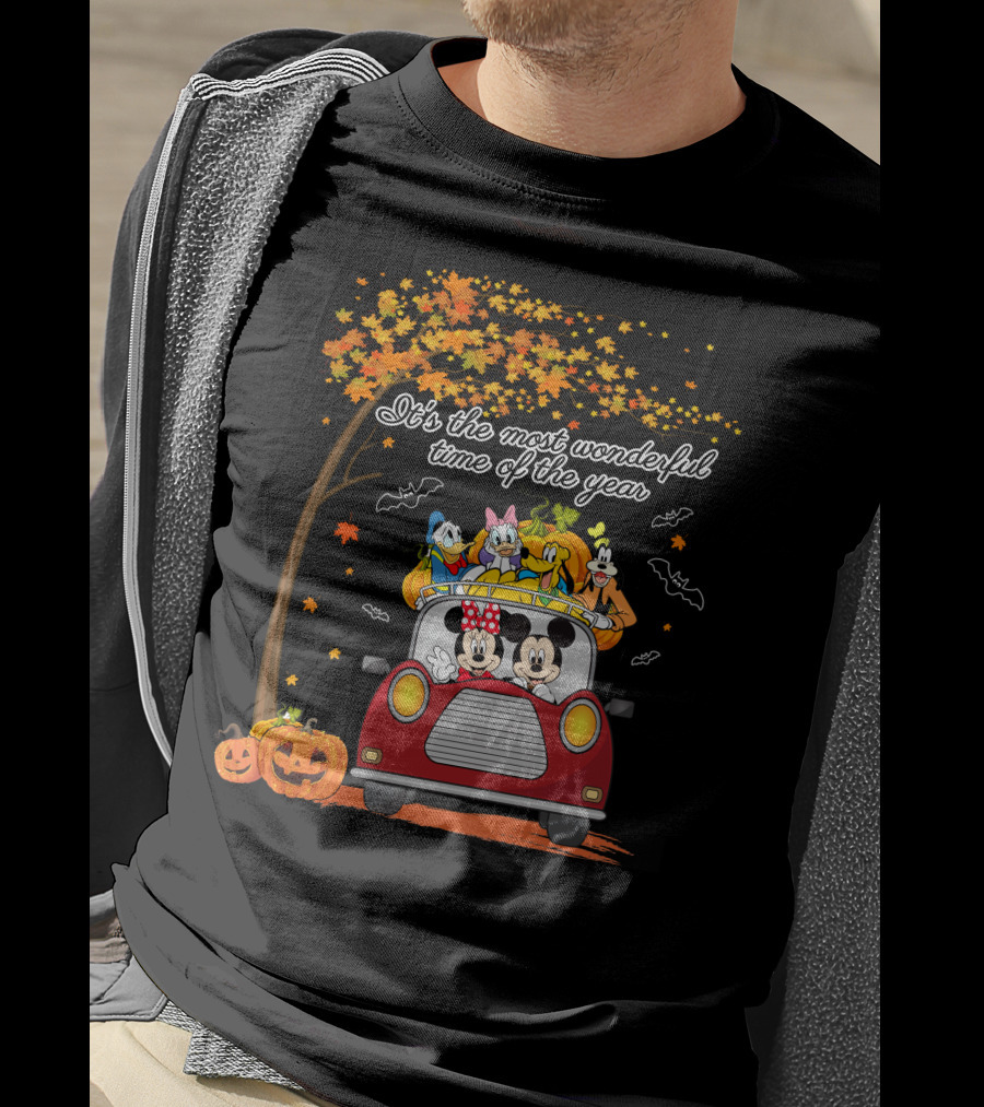 It's The Most Wonderful Time Of The Year Halloween Disney Characters In Car With Pumpkins And Leaves T-Shirt
