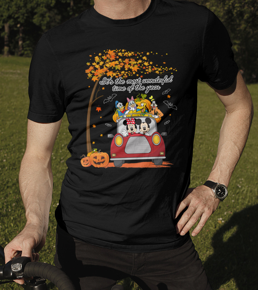 It's The Most Wonderful Time Of The Year Halloween Disney Characters In Car With Pumpkins And Leaves T-Shirt