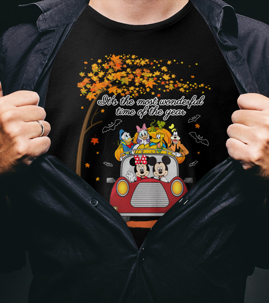 It's The Most Wonderful Time Of The Year Halloween Disney Characters In Car With Pumpkins And Leaves T-Shirt