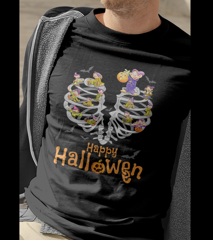 Happy Halloween Dopey Ribcage Bats And Pumpkins T-Shirt