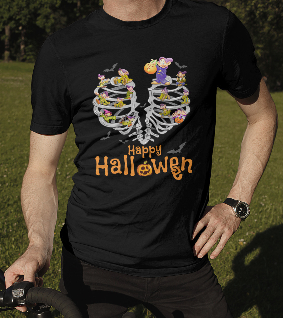 Happy Halloween Dopey Ribcage Bats And Pumpkins T-Shirt