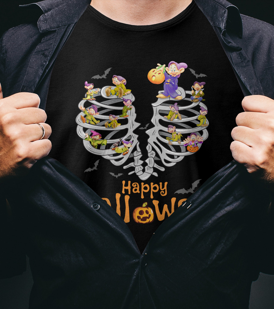 Happy Halloween Dopey Ribcage Bats And Pumpkins T-Shirt