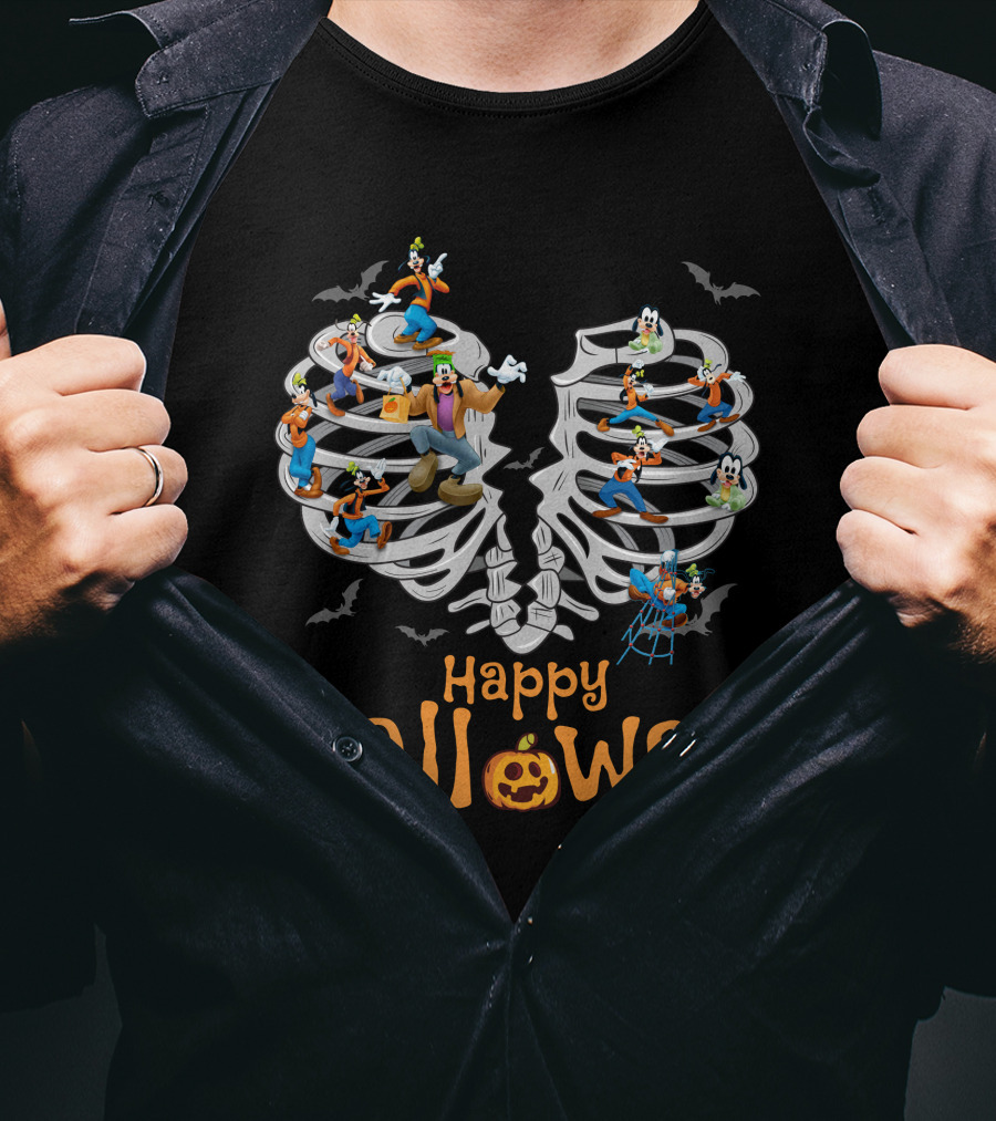 Happy Halloween Goofy Skeleton Ribcage Bats T-Shirt