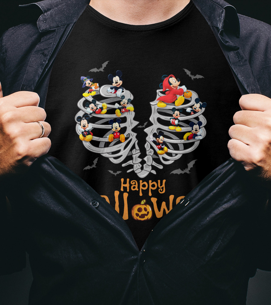 Happy Halloween Mickey Rib Skeleton Bats T-Shirt