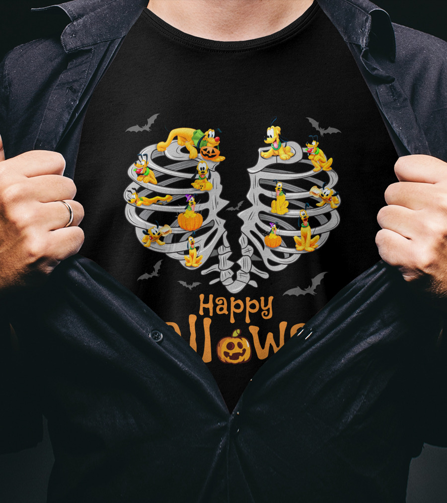 Happy Halloween Pluto Dog Skeleton Bats Pumpkin T-Shirt