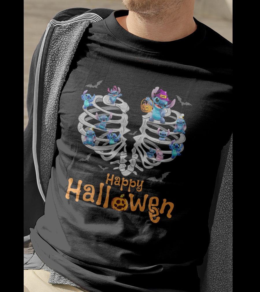 Happy Halloween Stitch Skeleton Ribcage Bats T-Shirt