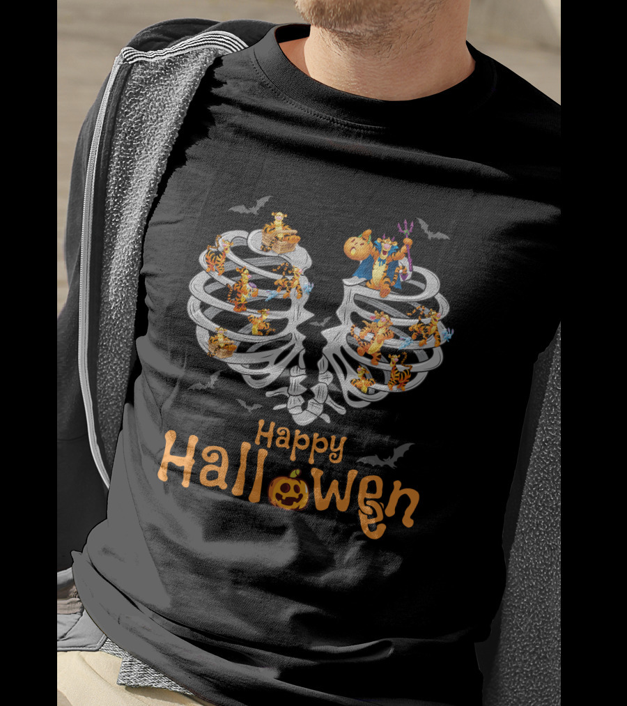 Happy Halloween Tigger Skeleton Ribcage Bat Pumpkin T-Shirt