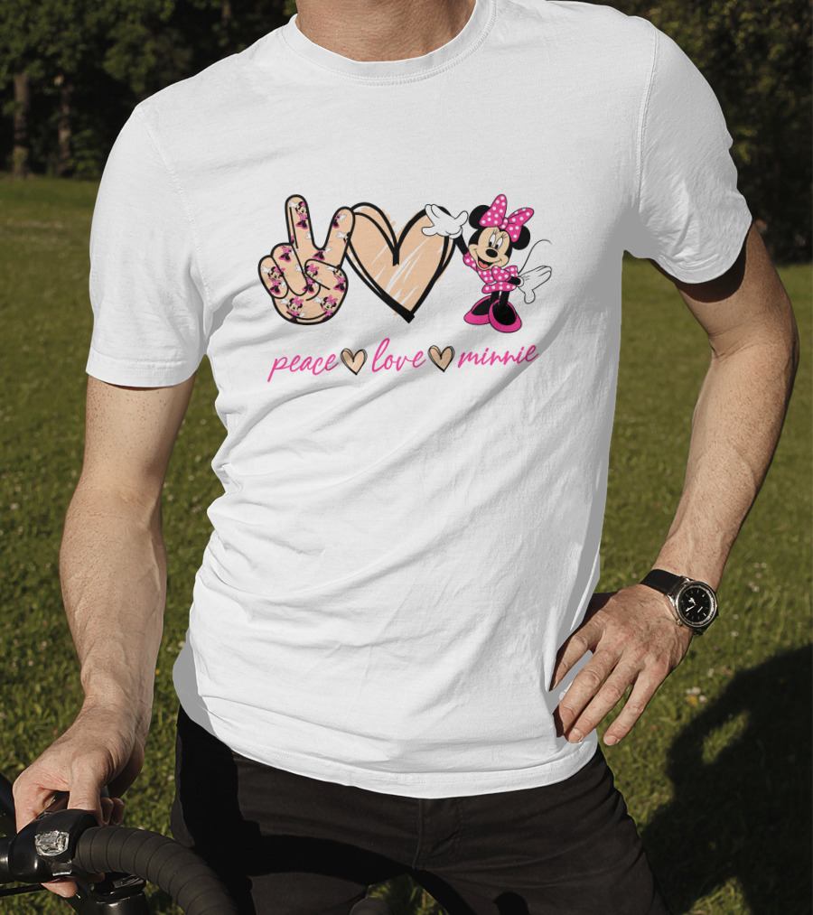 Peace Love Minnie Mouse Floral Pattern Pink Bow T-Shirt