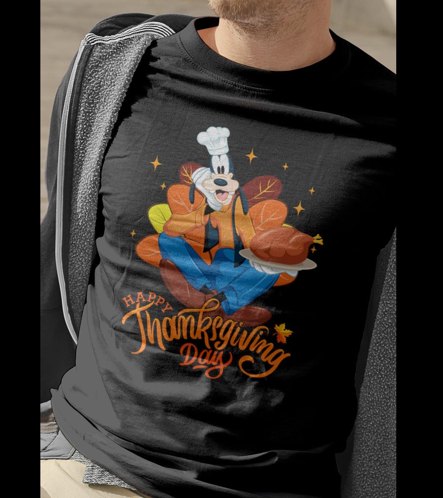 Happy Thanksgiving Day Goofy Chef With Turkey And Autumn Leaves T-Shirt